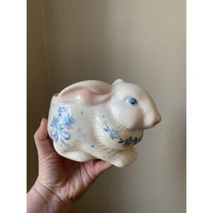 Vintage Cottage Style Ceramic Rabbit Planter With Crackle Glaze & Blue Floral De